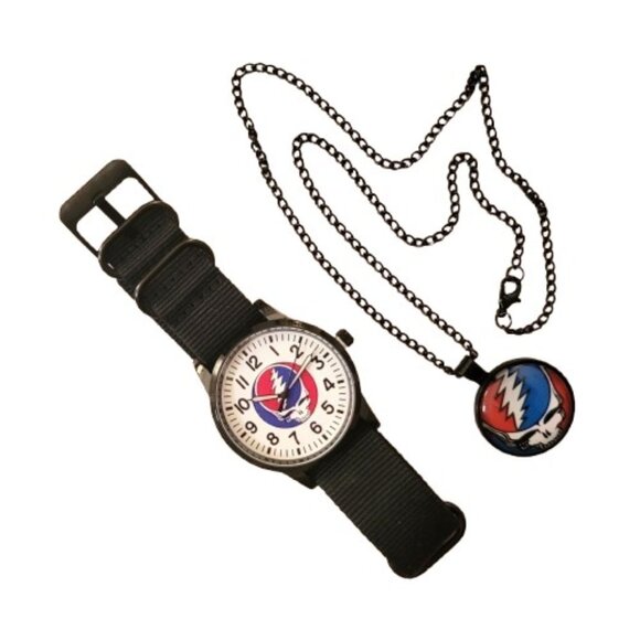 Ltd Edition Grateful Dead Watch Black Band and Black Cabochon Charm Necklace Set - Picture 1 of 16